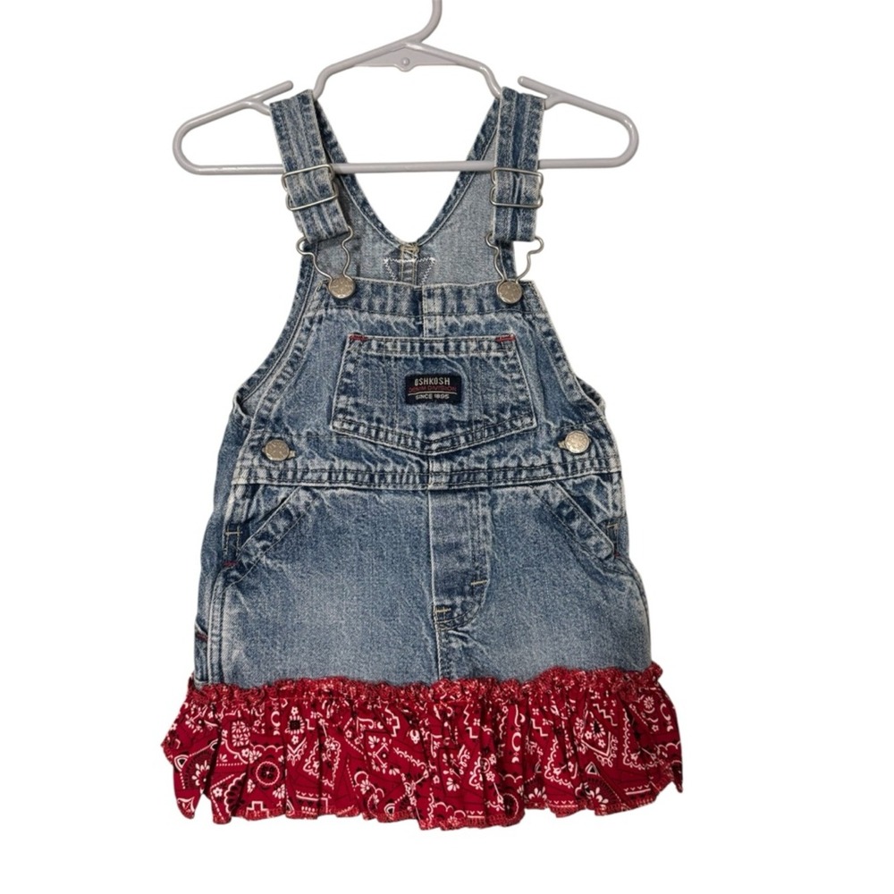 Vintage OshKosh B'gosh Denim Overall Dress with Red Bandana Ruffle